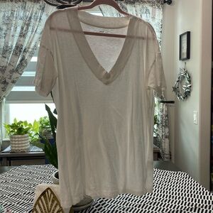White Oversized XS Aerie Cotton T shirt Distressed V-neck Shirt Sleeve
